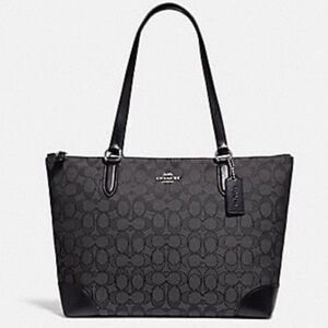 Coach Signature Black and Gray Leather Tote Shoulder Bag